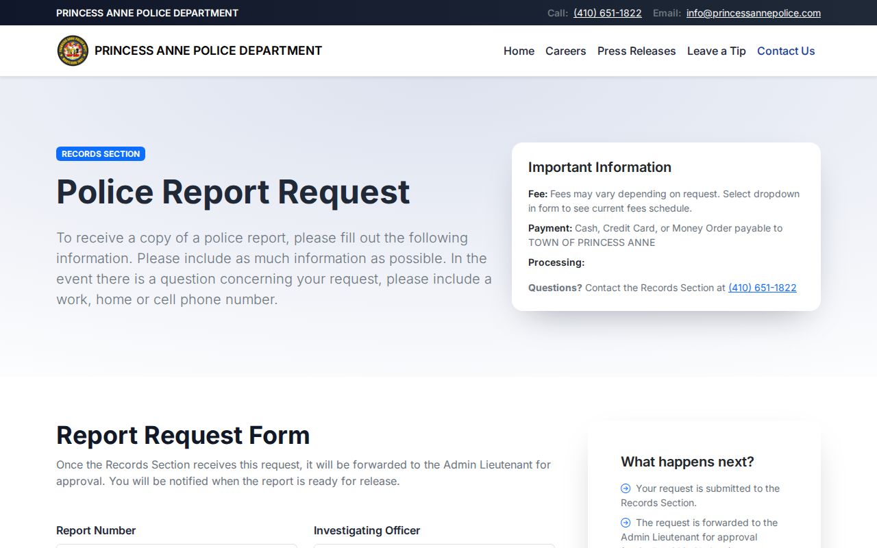 Princess Anne Police arrest report request page for Somerset County records