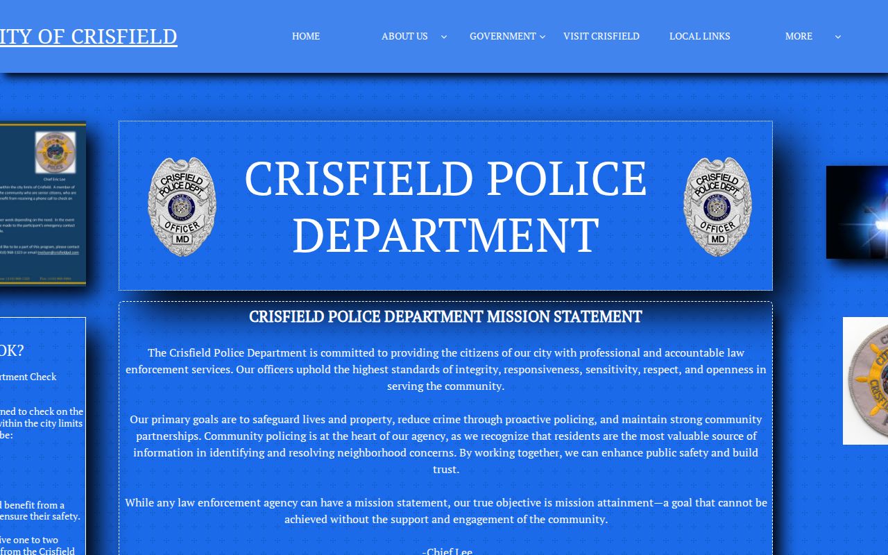 Crisfield Police Department page showing no dedicated recent arrest log in Somerset County