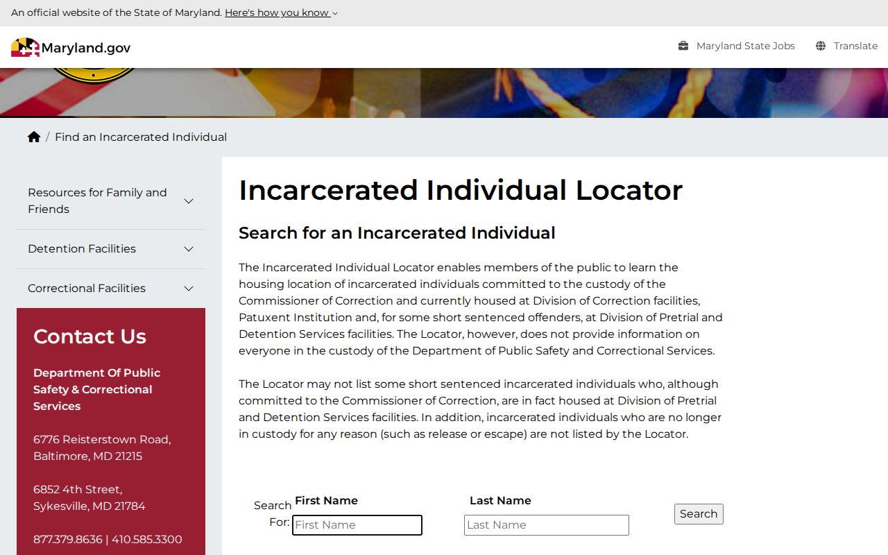 Maryland DPSCS incarcerated individual locator