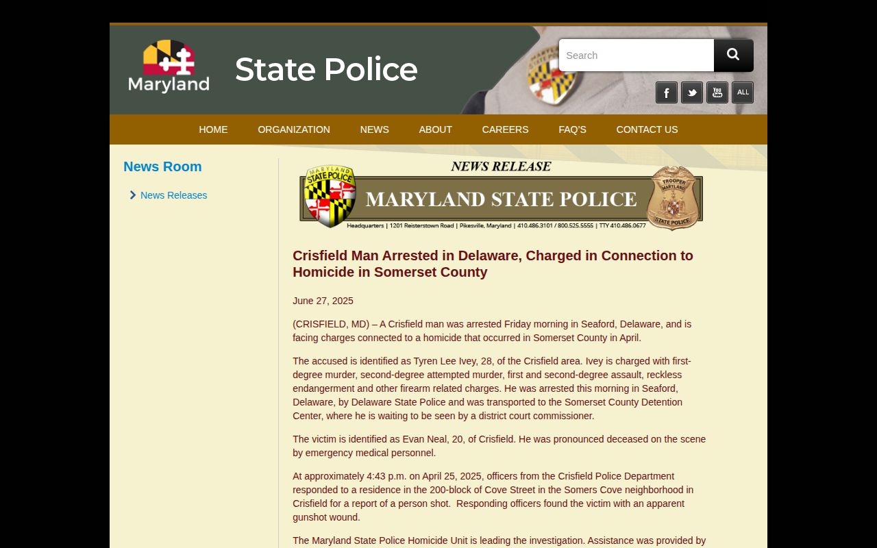 Maryland State Police narrative about a Crisfield arrest and Somerset County detention transport